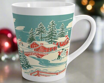 Christmas Winter Scene Latte Coffee Mug Cup Red Bridge Houses Trees Snowman Unique Cozy Cute Retro Midcentury Vintage Gift For Her Him Drink