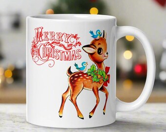 Merry Christmas Mug: Midcentury Reindeer, Bluebirds & Holly