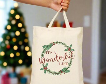 It's A Wonderful Life Christmas Travel Tote Bag Holly Wreath Cotton Canvas Unique Cozy Cute Winter Holiday Gift For Her Him Friend Movie