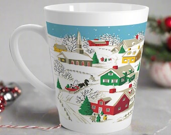 Retro Christmas Mug Village | Vintage Midcentury Latte Coffee Cup | Cute Village Town Latte Cup - Winter Holiday Season Gift | Unique Gift