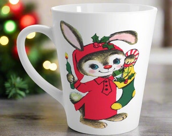 Retro Christmas Mug - Vintage Midcentury Ceramic Coffee Cup - Cozy Bunny Coffee Cup - Vintage Retro Holiday Decor