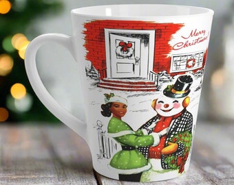 Merry Christmas Mug Retro Lady With Snowman Midcentury Vintage Ceramic Coffee Cup Diverse Black Woman Unique Cozy Cute Holiday Gift For Her