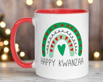Happy Kwanzaa Mug: Boho Rainbow Hearts, Red Lined Ceramic Coffee Cup