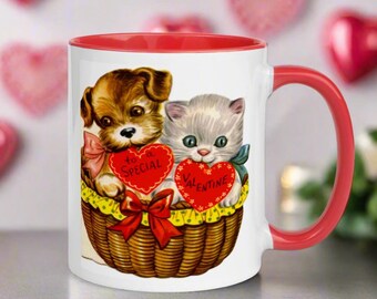 Vintage Kitten & Puppy Valentine Mug, Mid-Century Ceramic Coffee Cup