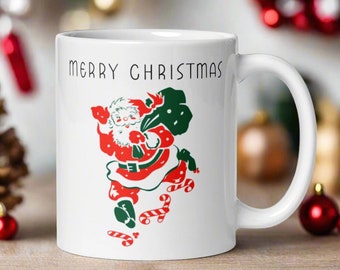 Merry Christmas Retro Santa Mug Midcentury Vintage Kitsch Ceramic Glossy Coffee Cup Unique Cozy Cute Winter Holiday Kitsch Gift For Her Him