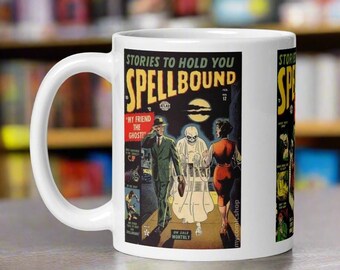 Stories To Hold You Spellbound Comic Book Covers Mug Retro Vintage Gothic Horror Collectible Ceramic Glossy Coffee Cup Unique Halloween Gift