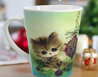 Christmas Kitten Mug Ornaments Retro Vintage Midcentury Ceramic Latte Coffee Cup Unique Cozy Cute Winter Holiday Gift For Friend Kitsch