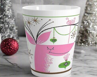 Pink Reindeer Retro Christmas Mug Midcentury Vintage Ceramic Latte Coffee Cup Unique Cozy Cute Winter Holiday Kitsch Gift For Her Him Friend