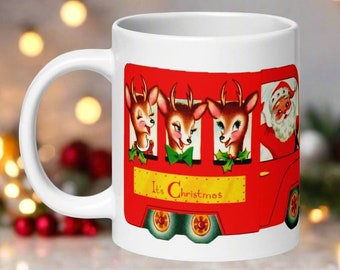 Retro Christmas Santa Reindeer Mug, Vintage Midcentury Christmas Coffee Cup, Festive Santa Reindeer Mug, Unique Cozy Cute Festive Gift For
