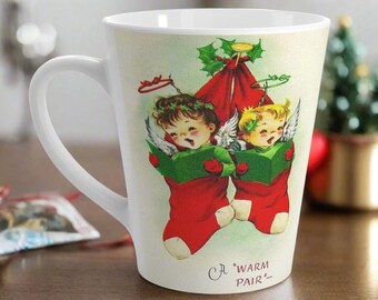 A Warm Pair Christmas Angels Mug Singing Stocking Holly Retro Midcentury Vintage Latte Ceramic Cup Unique Cozy Cute Winter Holiday Gift For