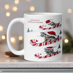 Mug de Noël joyeux Noël ski chatons sur des traîneaux en sucre de canne Tasse à café en céramique rétro vintage du milieu du siècle, cadeau de vacances mignon unique confortable