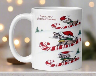Christmas Mug Merry Christmas Skiing Kittens On Candy Cane Sleds Mid Century Retro Vintage Ceramic Coffee Cup Unique Cozy Cute Holiday Gift