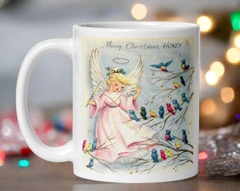 Merry Christmas Honey Angel Mug Bird Choir Director Midcentury Retro Vintage Winter Holiday Ceramic Coffee Cup Unique Cozy Cute Gift Her