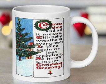 Christmas Poem Mug Tree Snow Retro Vintage Ceramic Coffee Cup Unique Cozy Cute Gift For Her Him Kitchen Decor Winter Holiday Illustration