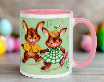 Easter Bunnies Spring Coffee Mug Vintage Midcentury Retro Bunny Couple Ceramic Cup Kitsch Cute Cozy Cute Gift For Him Her Kitchen Drinkware
