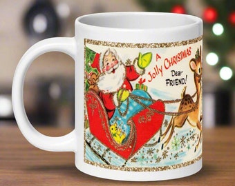 Santa Reindeer Christmas Mug Jolly Christmas Dear Gold Friend Mid Century Retro Ceramic Coffee Cup Vintage Unique Cozy Cute Gift For Her Him