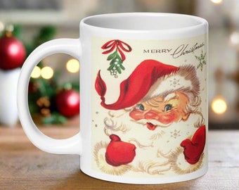Retro Merry Christmas Mug Santa Under Mistletoe Midcentury Vintage Ceramic Coffee Cup Unique Cozy Cute Kitsch Gift For Her Him Holiday Mom