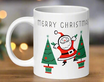 Merry Christmas Santa Mug Midcentury Trees Retro Vintage Winter Holiday Ceramic Coffee Cup Unique Cozy Cute Gift For Her Him Friend Drink