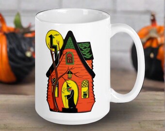 Halloween Mug Witch House Black Cat Yellow Moon Bats Vintage Retro Art Glossy Ceramic Cup Spooky Cute Unique Gothic Gift For Friend Him Her