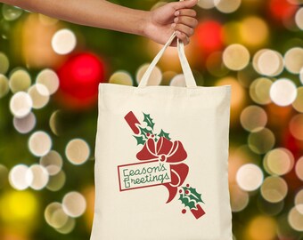 Holiday Cotton Canvas Tote Bag, Season's Greetings Bag, Eco-Friendly Gift Tote, Christmas Shopping Bag, Festive Carry-All Midcentury Retro