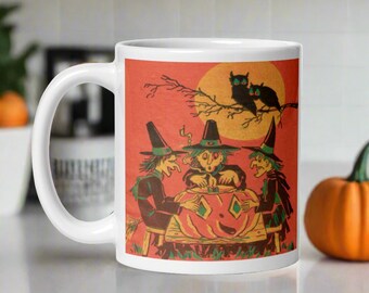 Halloween Mug Three Witches Owls Full Moon Retro Vintage Glossy Ceramic Coffee Cup Unique Spooky Cute Gothic Gift For Friend Him Her Kitchen