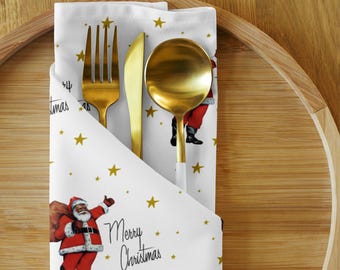 Festive Santa Napkins Set, Holiday Party Decor, Christmas Tableware, Winter Celebration, Hostess Gift, Vintage Design Retro Diverse Santa