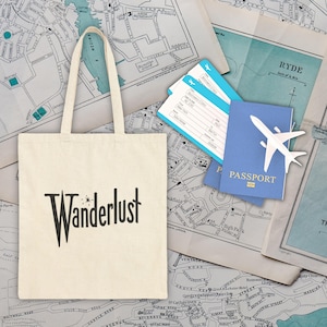 Wanderlust Canvas Einkaufstasche, Retro Schrift-Design, Reisende Schultertasche, umweltfreundlicher Shopper, wiederverwendbare Einkaufstasche, Markttasche im Vintage-Stil