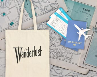 Wanderlust Canvas Tote Bag, Retro Font Design, Traveler Shoulder Bag, Eco-Friendly Shopper, Reusable Grocery Bag, Vintage Style Market Tote