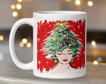 Christmas Tree Hat Mug Midcentury Retro Vintage Ceramic Coffee Cup Kitschy Unique Cozy Cute Gift For Her Him Friend Winter Holiday Fashion