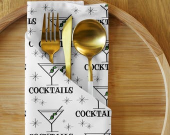Cocktails Napkin Set, Midcentury Bar Decor, Martini Glass Olive Napkins, Retro Party Linens, Atomic Style Hostess Gift – Set of 4, Reusable