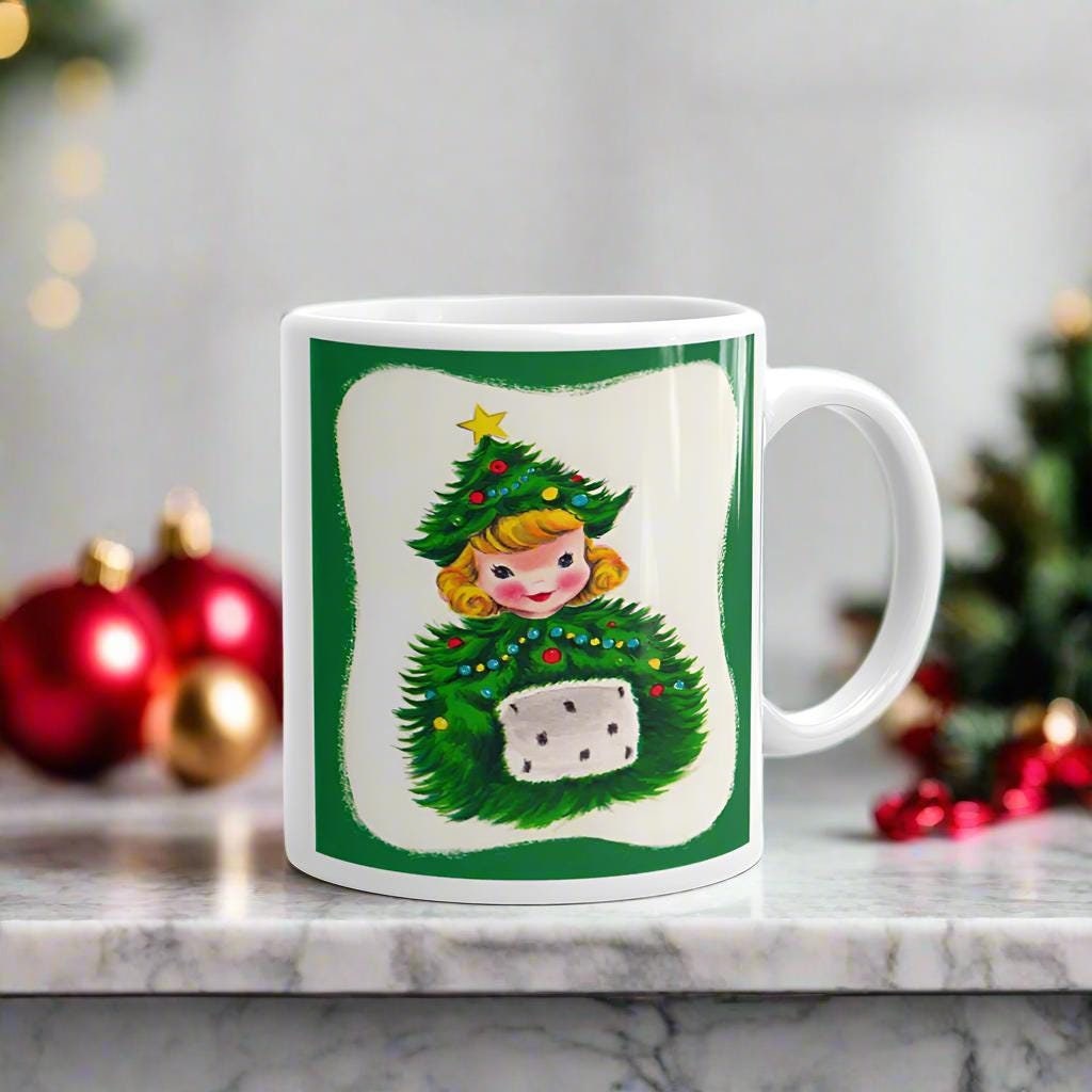 Retro Christmas Tree Hat Girl Mug Midcentury Vintage Kitsch Coffee Cup Unique Cozy Cute Winter Holiday Gift For Her Him Adorable Lady Friend