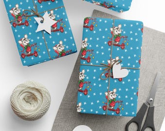Wrapping Papers, Christmas Mouse On Scooter Stars Mid Century Retro Christmas Print Holiday Gift Wrap Paper - Glossy Or Matte, Festive Gift