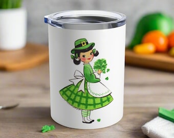St. Patrick's Day Tumbler Retro Irish Girl Four Leaf Clovers 10oz Stainless Steel Travel Mug Unique Vintage Cute Gift For Friend Him Her