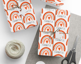 Thankful Boho Rainbow Thanksgiving Print Holiday Gift Wrap Paper - Glossy Or Matte, Friendsgiving Paper Decor, Holiday Paper