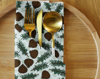 Pinecone Cloth Napkin Set, Rustic Winter Decor, Holiday Table Linens for Christmas, Thanksgiving Table Setting, Dining Decor, Blue Christmas