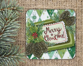 Merry Christmas Coaster | Retro Vintage Pinecones | Cork-back Glossy Unique Cozy Cute Table Decor Gift For Her Him Winter Holiday Decoration