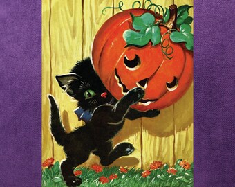 Vintage Halloween Poster, Matte Vertical Art Print, Witch Decor, Kids Room Decoration, Fall Home Decor, Retro Halloween Art, Black Cat Art