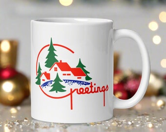 Christmas Mug Greetings Retro Vintage Mid Century Art Ceramic Glossy Coffee Cup Hot Tea Unique Cozy Cute Holiday Gift For Friend Him Her