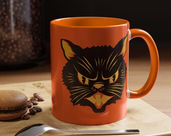 Spooky Black Cat Mug, Halloween Coffee Cup, Autumn Drinkware, Cat Lover Gift, Fall Kitchen Decor, Vintage Black Cat, Retro Halloween Mug