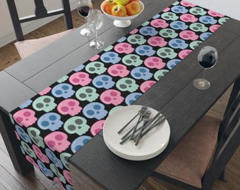 Table Runner, Halloween Skulls, Pastel Print, Black Decor, Poly