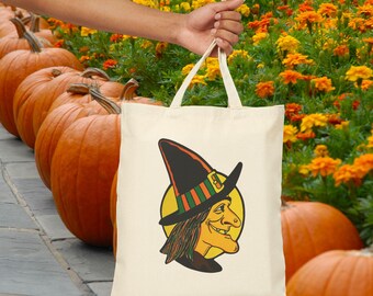 Vintage Witch Cotton Canvas Tote Bag, Halloween Tote, Eco-Friendly Shopping Bag, Gift for Witch Lovers, Festival Tote