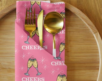 Cheers Napkin Set, Retro Pink Cocktail Hour Decor, Atomic Star Champagne Glasses, Midcentury Celebration Linens, Set of 4 Cloth Napkins