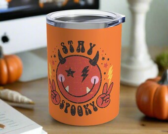 Halloween Tumbler Travel Mug Stay Spooky Cute Devil Orange Stainless Steel 10oz Eco Friendly Cup Vacuum Insulated Unique Spooky Cute Gift
