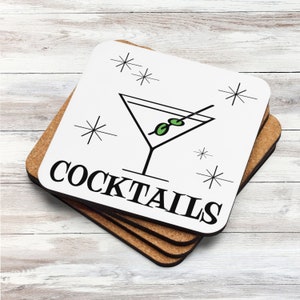 Śliczne Podkładki Martini Koktajle Zielone Oliwki Era Atomowa Styl Retro Korek Wysoki Błyszczący Stół Bar Dekoracja Niepowtarzalny Prezent Happy Hour Dla Przyjaciela