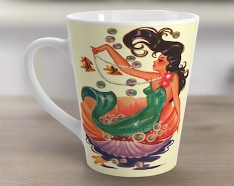 Retro Mermaid Latte Mug, Coffee Cup, Gift for Coffee Lovers, Retro Beach Lover Mug, Cute Latte Cup, Vintage Ocean Themed Drinkware, Sea Mug