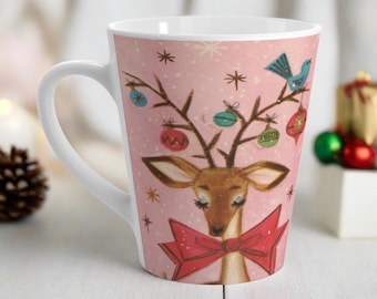 Latte Coffee Mug Pink Christmas Reindeer Bluebird Ornaments Mid Century Retro Vintage Print Ceramic Coffee Cup Kitsch Cute Gift For Friend