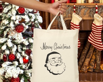 Merry Christmas Cotton Canvas Tote Bag, Eco-Friendly Holiday Gift Bag, Santa Design, Christmas Shopping Tote, Seasonal Reusable Bag Retro