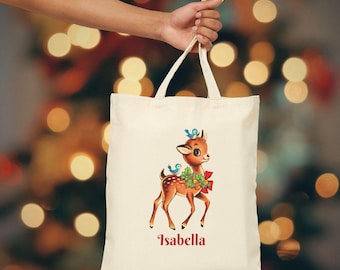 Personalized Reindeer Tote Bag - Cute Christmas Gift, Eco-Friendly Shopping Bag, Holiday Tote for Kids, Customized Canvas Bag, Family, Retro