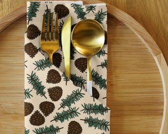 Pinecones and Sprigs Napkin Set, Holiday Tableware, Christmas Party Decor, Winter Celebration, Rustic Hostess Gift, Fabric Linens, Cloth