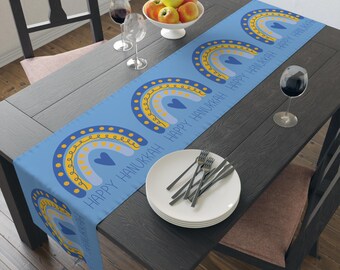 Happy Hanukkah Table Runner Blue Yellow Boho Rainbow Polyester Winter Unique Cozy Cute Jewish Holiday Kitchen Dining Decoration Linen Gift
